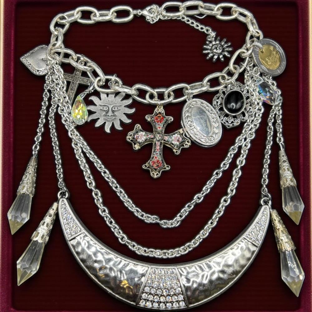 Boho Festival One-of-a-Kind Upcycled Silver Tone Layered Statement Necklace